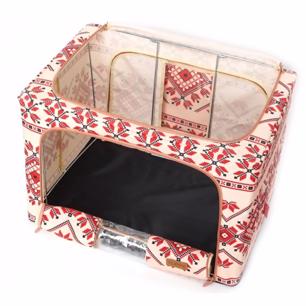 Cutie de Depozitare Pliabila, Flippy,100 L din Bumbac si In, 60X42X40 cm, Fereastra Frontala, 2 Usi de Acces cu Fermoar Bidirectional, Cadru Metalic, Suport Baza Stabil din Plastic, Motiv Traditional Model 2 - imagine 6