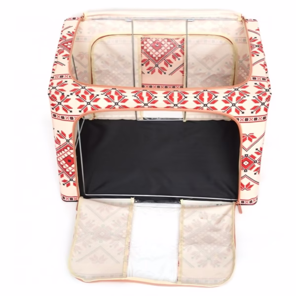Cutie de Depozitare Pliabila, Flippy,100 L din Bumbac si In, 60X42X40 cm, Fereastra Frontala, 2 Usi de Acces cu Fermoar Bidirectional, Cadru Metalic, Suport Baza Stabil din Plastic, Motiv Traditional Model 2 - imagine 7