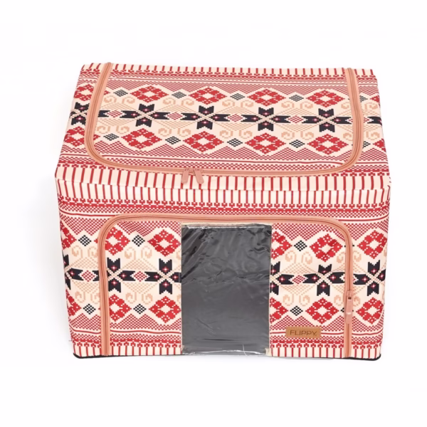 Cutie de Depozitare Pliabila, Flippy,100 L din Bumbac si In, 60X42X40 cm, Fereastra Frontala, 2 Usi de Acces cu Fermoar Bidirectional, Cadru Metalic, Suport Baza Stabil din Plastic, Motiv Traditional Model 1 - imagine 5