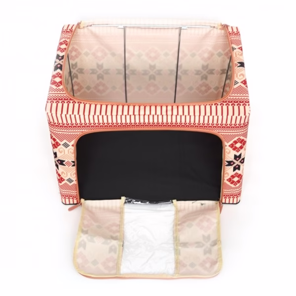 Cutie de Depozitare Pliabila, Flippy,100 L din Bumbac si In, 60X42X40 cm, Fereastra Frontala, 2 Usi de Acces cu Fermoar Bidirectional, Cadru Metalic, Suport Baza Stabil din Plastic, Motiv Traditional Model 1 - imagine 7