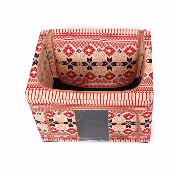 Cutie de Depozitare Pliabila, Flippy,100 L din Bumbac si In, 60X42X40 cm, Fereastra Frontala, 2 Usi de Acces cu Fermoar Bidirectional, Cadru Metalic, Suport Baza Stabil din Plastic, Motiv Traditional Model 1 - imagine 9
