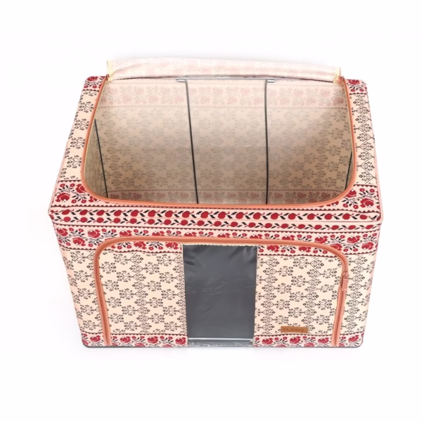 Cutie de Depozitare Pliabila, Flippy,100 L din Bumbac si In, 60X42X40 cm, Fereastra Frontala, 2 Usi de Acces cu Fermoar Bidirectional, Cadru Metalic, Suport Baza Stabil din Plastic, Motiv Traditional Model 3 - imagine 6