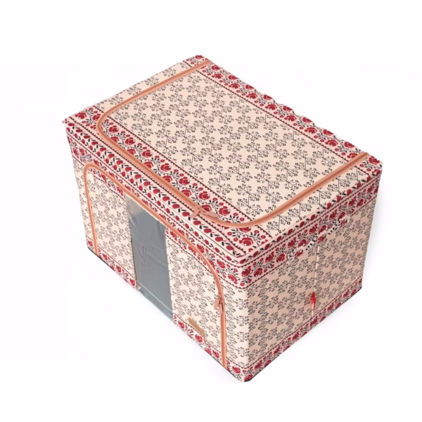 Cutie de Depozitare Pliabila, Flippy,100 L din Bumbac si In, 60X42X40 cm, Fereastra Frontala, 2 Usi de Acces cu Fermoar Bidirectional, Cadru Metalic, Suport Baza Stabil din Plastic, Motiv Traditional Model 3 - imagine 9