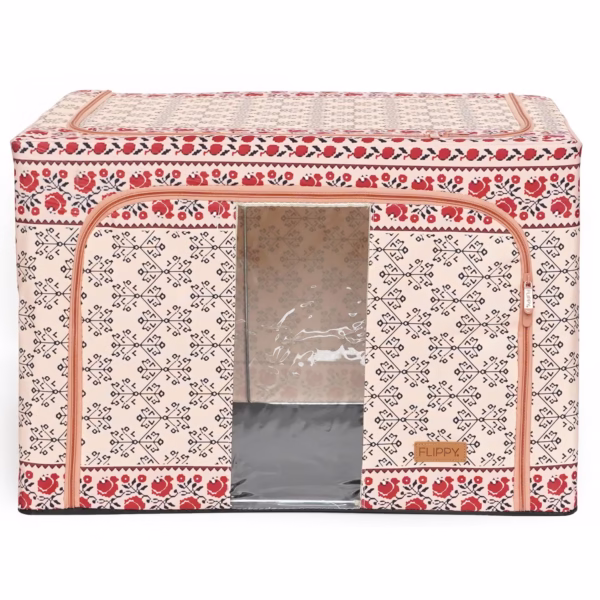 Cutie de Depozitare Pliabila, Flippy,100 L din Bumbac si In, 60X42X40 cm, Fereastra Frontala, 2 Usi de Acces cu Fermoar Bidirectional, Cadru Metalic, Suport Baza Stabil din Plastic, Motiv Traditional Model 3 - imagine 11
