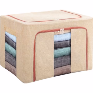 Cutie de Depozitare Pliabila, Flippy, 100 L, din Bumbac si In, 60x42x40 cm, Fereastra Frontala, 2 Usi de Acces cu Fermoar Bidirectional, Cadru Metalic, Suport Baza Stabil din Plastic, Roz Pudrat
