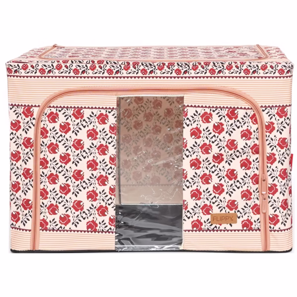 Cutie de Depozitare Pliabila, Flippy,100 L din Bumbac si In, 60X42X40 cm, Fereastra Frontala, 2 Usi de Acces cu Fermoar Bidirectional, Cadru Metalic, Suport Baza Stabil din Plastic, Motiv Traditional Model 4 - imagine 1