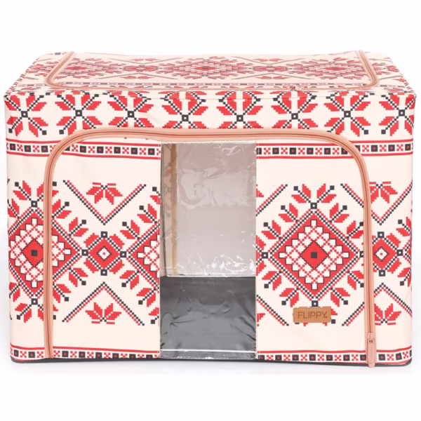 Cutie de Depozitare Pliabila, Flippy,100 L din Bumbac si In, 60X42X40 cm, Fereastra Frontala, 2 Usi de Acces cu Fermoar Bidirectional, Cadru Metalic, Suport Baza Stabil din Plastic, Motiv Traditional Model 2 - imagine 1