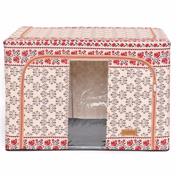 Cutie de Depozitare Pliabila, Flippy,100 L din Bumbac si In, 60X42X40 cm, Fereastra Frontala, 2 Usi de Acces cu Fermoar Bidirectional, Cadru Metalic, Suport Baza Stabil din Plastic, Motiv Traditional Model 3 - imagine 1