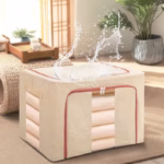 Cutie de Depozitare Pliabila, Flippy, 24 L, din Bumbac si In, 40x30x20 cm, 2 Ferestre, Frontala si Laterala, 2 Usi de Acces cu Fermoar Bidirectional, Cadru Metalic, Suport Baza Stabil din Plastic, Bej - imagine 4