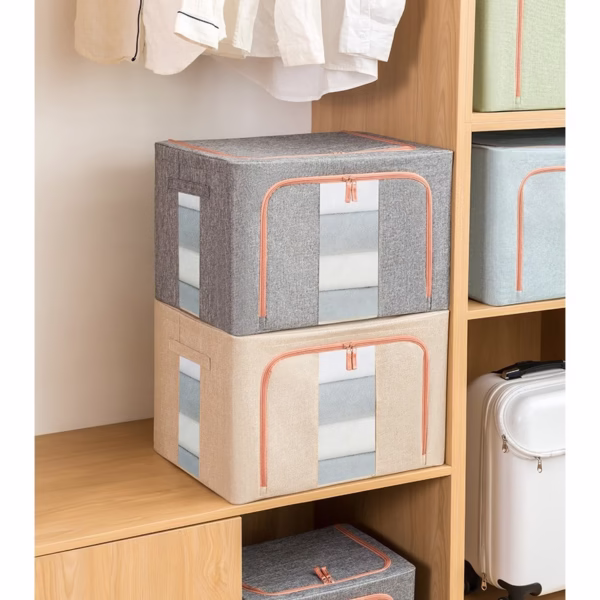 Cutie de Depozitare Pliabila, Flippy, 24 L, din Bumbac si In, 40x30x20 cm, 2 Ferestre, Frontala si Laterala, 2 Usi de Acces cu Fermoar Bidirectional, Cadru Metalic, Suport Baza Stabil din Plastic, Bej - imagine 9