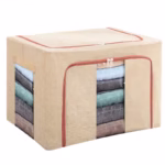 Cutie de Depozitare Pliabila, Flippy, 24 L, din Bumbac si In, 40x30x20 cm, 2 Ferestre, Frontala si Laterala, 2 Usi de Acces cu Fermoar Bidirectional, Cadru Metalic, Suport Baza Stabil din Plastic, Bej - imagine 10