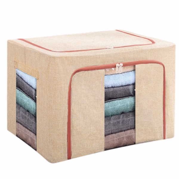 Cutie de Depozitare Pliabila, Flippy, 24 L, din Bumbac si In, 40x30x20 cm, 2 Ferestre, Frontala si Laterala, 2 Usi de Acces cu Fermoar Bidirectional, Cadru Metalic, Suport Baza Stabil din Plastic, Bej - imagine 10