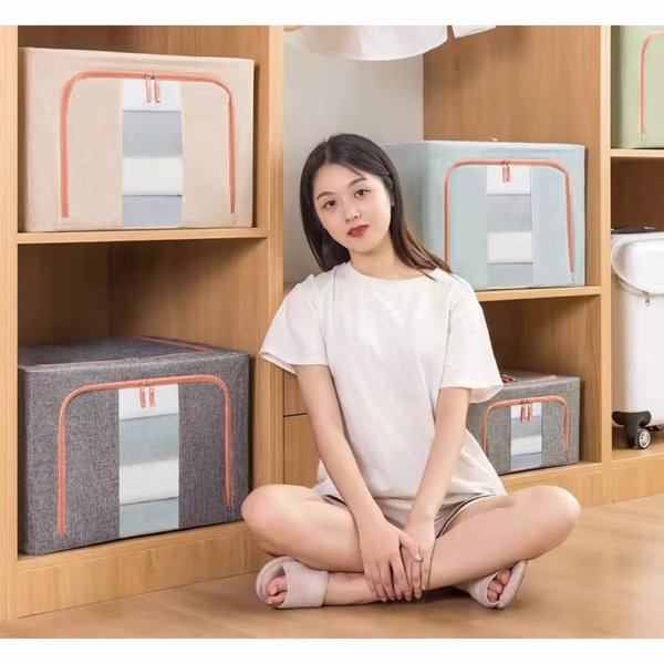 Cutie de Depozitare Pliabila, Flippy, 24 L, din Bumbac si In, 40x30x20 cm, Fereastra Frontala, 2 Usi de Acces cu Fermoar Bidirectional, Cadru Metalic, Suport Baza Stabil din Plastic, Gri - imagine 8