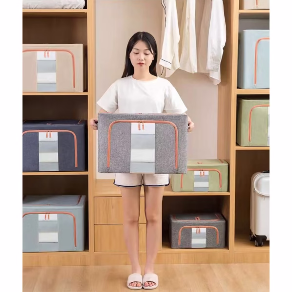 Cutie de Depozitare Pliabila, Flippy, 24 L, din Bumbac si In, 40x30x20 cm, Fereastra Frontala, 2 Usi de Acces cu Fermoar Bidirectional, Cadru Metalic, Suport Baza Stabil din Plastic, Gri - imagine 9