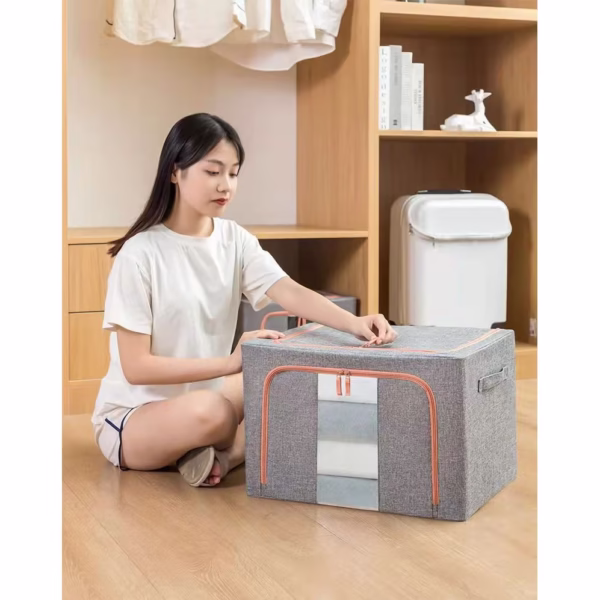 Cutie de Depozitare Pliabila, Flippy, 24 L, din Bumbac si In, 40x30x20 cm, Fereastra Frontala, 2 Usi de Acces cu Fermoar Bidirectional, Cadru Metalic, Suport Baza Stabil din Plastic, Gri - imagine 10
