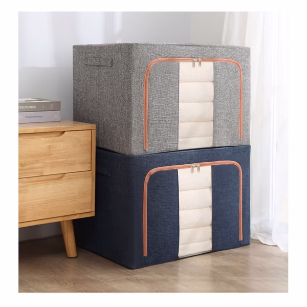 Cutie de Depozitare Pliabila, Flippy, 24 L, din Bumbac si In, 40x30x20 cm, Fereastra Frontala, 2 Usi de Acces cu Fermoar Bidirectional, Cadru Metalic, Suport Baza Stabil din Plastic, Gri - imagine 11