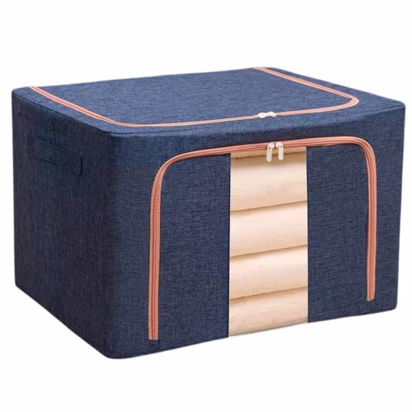 Cutie de Depozitare Pliabila, Flippy, 24 L, din Bumbac si In, 40x30x20 cm, Fereastra Frontala, 2 Usi de Acces cu Fermoar Bidirectional, Cadru Metalic, Suport Baza Stabil din Plastic, Albastru Marin - imagine 5
