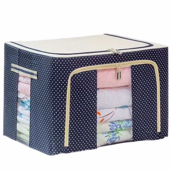 Cutie de Depozitare Pliabila, Flippy, 24 L, Panza Oxford, 40x30x20 cm, Fereastra Frontala, 2 Usi de Acces cu Fermoar Bidirectional, Cadru Metalic, Suport Baza Stabil din Plastic, Imprimeu buline, Albastru Marin - imagine 2