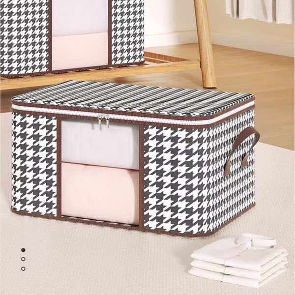 Cutie de Depozitare Pliabila, Flippy, 60x40x30 cm, 75 L, Fereastra Frontala, cu Fermoar Bidirectional, Suport Baza Stabil, Imprimeu in Carouri, Alb/Negru - imagine 5