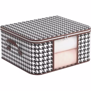 Cutie de Depozitare Pliabila, Flippy, 60x40x30 cm, 75 L, Fereastra Frontala, cu Fermoar Bidirectional, Suport Baza Stabil, Imprimeu in Carouri, Alb/Negru