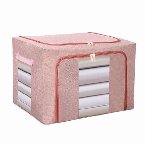 Cutie de Depozitare Pliabila, Flippy, 66 L, din Bumbac si In, 50x40x33 cm, 2 Ferestre, Frontala si Laterala, 2 Usi de Acces cu Fermoar Bidirectional, Cadru Metalic, Suport Baza Stabil din Plastic, Roz Pudrat - imagine 1