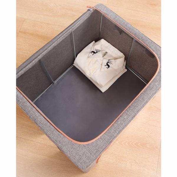 Cutie de Depozitare Pliabila, Flippy, 66 L, din Bumbac si In, 50x40x33 cm, Fereastra Frontala, 2 Usi de Acces cu Fermoar Bidirectional, Cadru Metalic, Suport Baza Stabil din Plastic, Gri - imagine 10