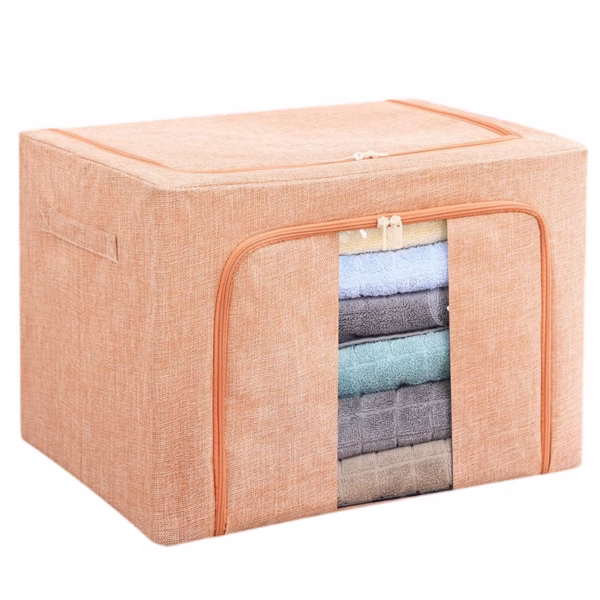Cutie de Depozitare Pliabila, Flippy, 66 L, din Bumbac si In, 50x40x33 cm, Fereastra Frontala, 2 Usi de Acces cu Fermoar Bidirectional, Cadru Metalic, Suport Baza Stabil din Plastic, Roz Pudrat - imagine 5