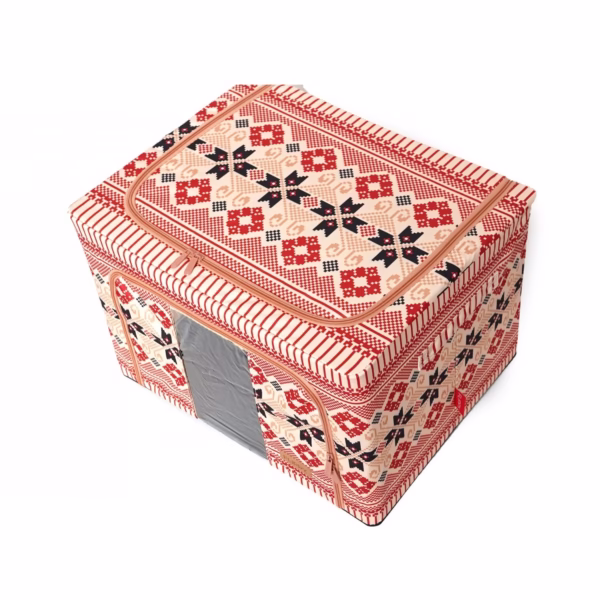 Cutie de Depozitare Pliabila, Flippy, 66 L din Bumbac si In, 52 x 42 x 39 cm, Fereastra Frontala, 2 Usi de Acces cu Fermoar Bidirectional, Cadru Metalic, Suport Baza Stabil din Plastic, Motiv Traditional Model 5 - imagine 3