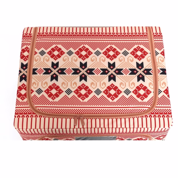Cutie de Depozitare Pliabila, Flippy, 66 L din Bumbac si In, 52 x 42 x 39 cm, Fereastra Frontala, 2 Usi de Acces cu Fermoar Bidirectional, Cadru Metalic, Suport Baza Stabil din Plastic, Motiv Traditional Model 5 - imagine 7