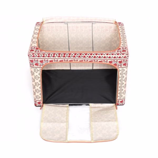Cutie de Depozitare Pliabila, Flippy, 66 L din Bumbac si In, 52 x 42 x 39 cm, Fereastra Frontala, 2 Usi de Acces cu Fermoar Bidirectional, Cadru Metalic, Suport Baza Stabil din Plastic, Motiv Traditional Model 6 - imagine 3