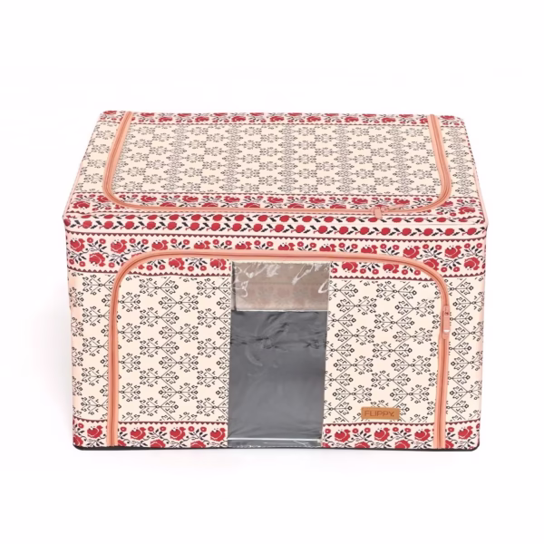 Cutie de Depozitare Pliabila, Flippy, 66 L din Bumbac si In, 52 x 42 x 39 cm, Fereastra Frontala, 2 Usi de Acces cu Fermoar Bidirectional, Cadru Metalic, Suport Baza Stabil din Plastic, Motiv Traditional Model 6 - imagine 5