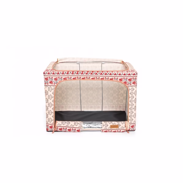 Cutie de Depozitare Pliabila, Flippy, 66 L din Bumbac si In, 52 x 42 x 39 cm, Fereastra Frontala, 2 Usi de Acces cu Fermoar Bidirectional, Cadru Metalic, Suport Baza Stabil din Plastic, Motiv Traditional Model 6 - imagine 6