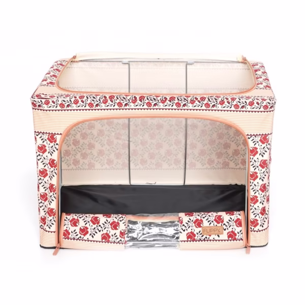 Cutie de Depozitare Pliabila, Flippy, 66 L din Bumbac si In, 52 x 42 x 39 cm, Fereastra Frontala, 2 Usi de Acces cu Fermoar Bidirectional, Cadru Metalic, Suport Baza Stabil din Plastic, Motiv Traditional Model 7 - imagine 2