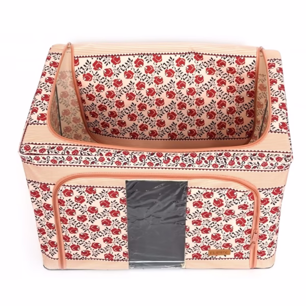 Cutie de Depozitare Pliabila, Flippy, 66 L din Bumbac si In, 52 x 42 x 39 cm, Fereastra Frontala, 2 Usi de Acces cu Fermoar Bidirectional, Cadru Metalic, Suport Baza Stabil din Plastic, Motiv Traditional Model 7 - imagine 4
