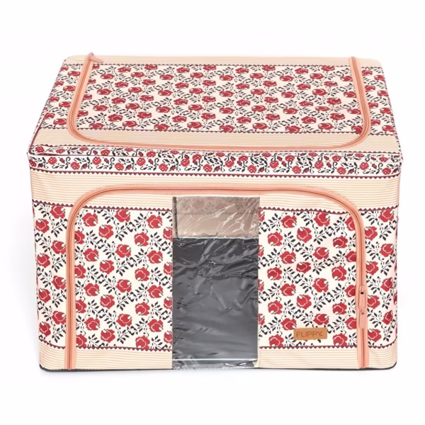 Cutie de Depozitare Pliabila, Flippy, 66 L din Bumbac si In, 52 x 42 x 39 cm, Fereastra Frontala, 2 Usi de Acces cu Fermoar Bidirectional, Cadru Metalic, Suport Baza Stabil din Plastic, Motiv Traditional Model 7 - imagine 6