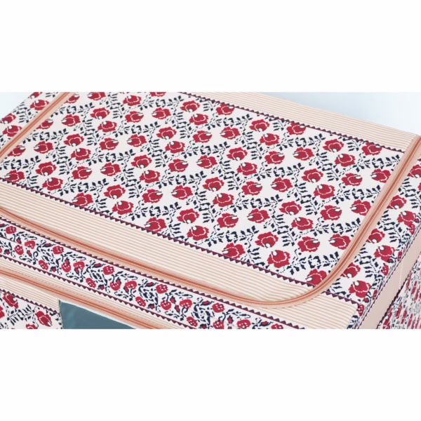 Cutie de Depozitare Pliabila, Flippy, 66 L din Bumbac si In, 52 x 42 x 39 cm, Fereastra Frontala, 2 Usi de Acces cu Fermoar Bidirectional, Cadru Metalic, Suport Baza Stabil din Plastic, Motiv Traditional Model 7 - imagine 9