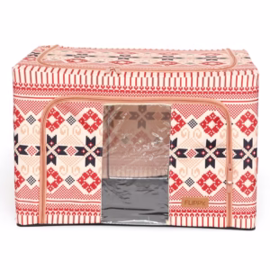 Cutie de Depozitare Pliabila, Flippy, 66 L din Bumbac si In, 52 x 42 x 39 cm, Fereastra Frontala, 2 Usi de Acces cu Fermoar Bidirectional, Cadru Metalic, Suport Baza Stabil din Plastic, Motiv Traditional Model 5