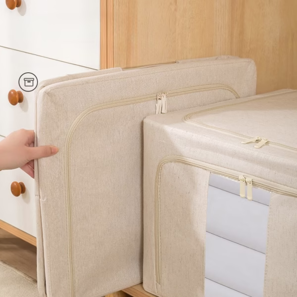 Cutie de Depozitare Pliabila, Flippy, Cu Fereastra si Fermoar Dublu, 66 L, Textil Premium, 50x40x33 cm, Cadru Metalic, Impermeabila, Bej - imagine 9
