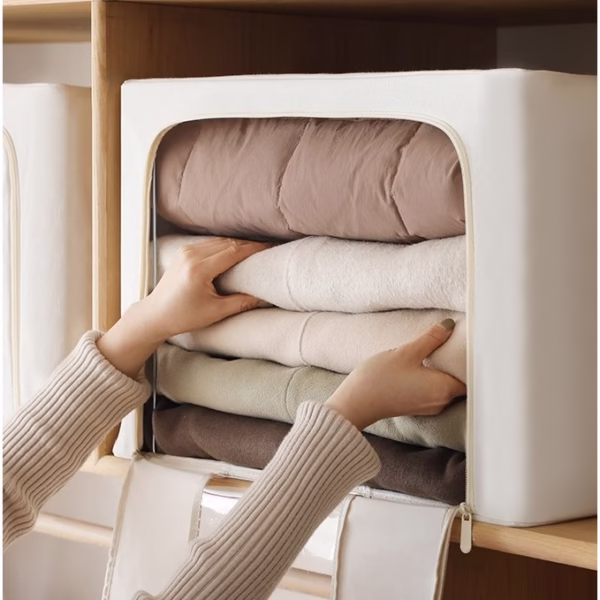 Cutie de Depozitare Pliabila, Flippy, Cu Fereastra si Fermoar Dublu, 66 L, Textil Premium, 50x40x33 cm, Cadru Metalic, Impermeabila, Bej - imagine 5