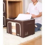 Cutie de Depozitare Pliabila, Flippy, Cu Fereastra si Fermoar Dublu, 66 L, Textil Premium, 50x40x33 cm, Cadru Metalic, Impermeabila, Maro - imagine 8