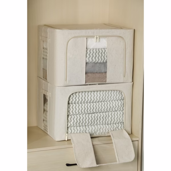 Cutie de Depozitare Pliabila, Flippy, Cu Fereastra si Fermoar Dublu, 66 L, Textil Premium, 50x40x33 cm, Cadru Metalic, Impermeabila, Alb Texturat - imagine 3