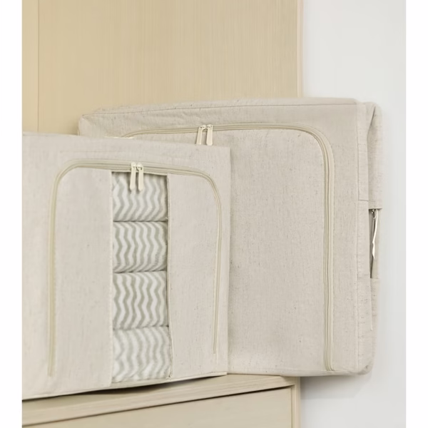 Cutie de Depozitare Pliabila, Flippy, Cu Fereastra si Fermoar Dublu, 66 L, Textil Premium, 50x40x33 cm, Cadru Metalic, Impermeabila, Alb Texturat - imagine 6