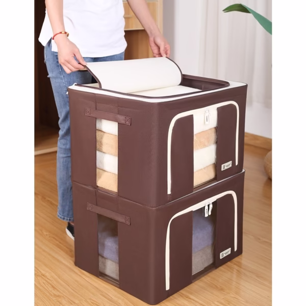 Cutie de Depozitare Pliabila, Flippy, Cu Fereastra si Fermoar Dublu, 66 L, Textil Premium, 50x40x33 cm, Cadru Metalic, Impermeabila, Maro - imagine 1