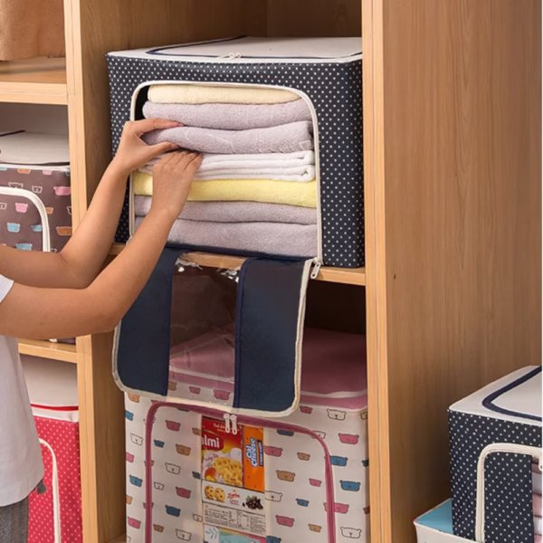 Cutie de Depozitare Pliabila, Flippy, Cu Fermoar, 100 L, Textil, 60x42x40 cm, Albastru Marin, Cadru Metalic, Suport Baza Stabil din Plastic, Imprimeu buline - imagine 6