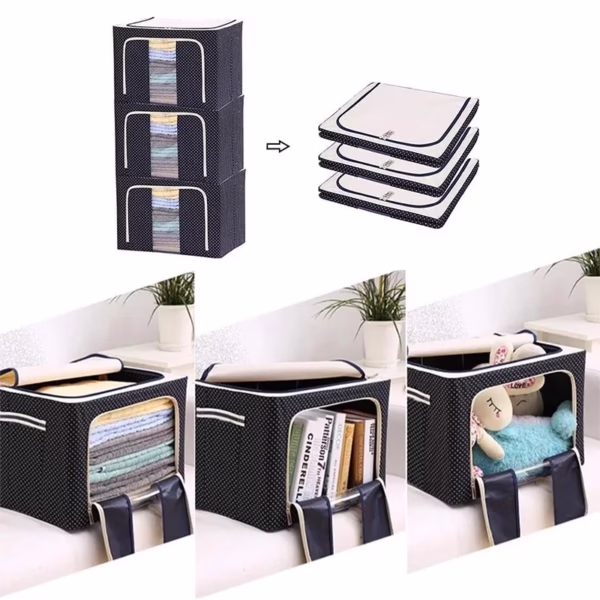 Cutie de Depozitare Pliabila, Flippy, Cu Fermoar, 100 L, Textil, 60x42x40 cm, Albastru Marin, Cadru Metalic, Suport Baza Stabil din Plastic, Imprimeu buline - imagine 7