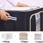 Cutie de Depozitare Pliabila, Flippy, Cu Fermoar, 100 L, Textil, 60x42x40 cm, Albastru Marin, Cadru Metalic, Suport Baza Stabil din Plastic, Imprimeu buline - imagine 8