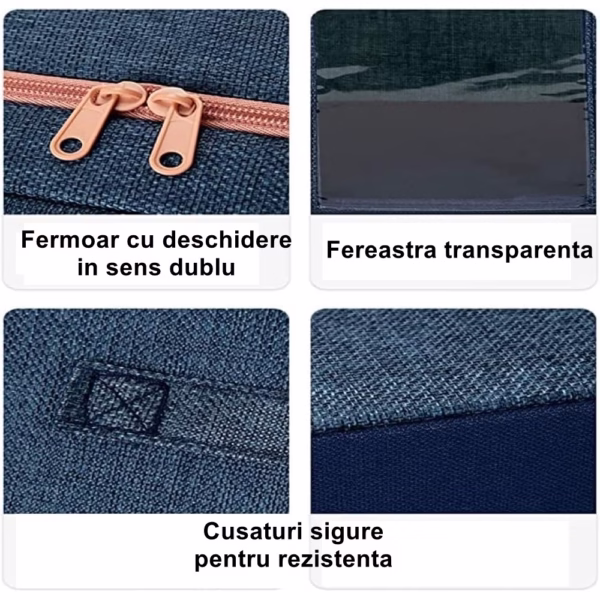 Cutie de Depozitare Pliabila, Flippy, Cu Fermoar, 100 L, Textil, 60x42x40 cm, Cadru Metalic, Suport Baza Stabil din Plastic, Albastru Marin cu Doua Ferestre - imagine 2
