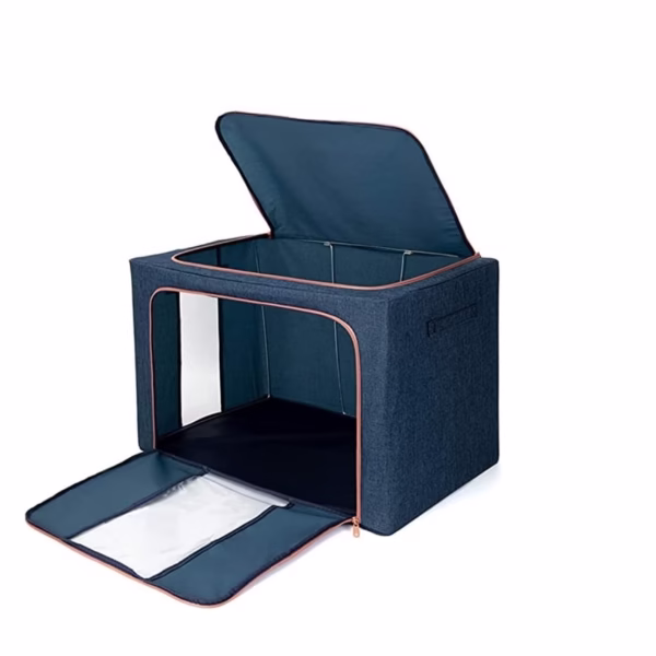 Cutie de Depozitare Pliabila, Flippy, Cu Fermoar, 100 L, Textil, 60x42x40 cm, Cadru Metalic, Suport Baza Stabil din Plastic, Albastru Marin cu Doua Ferestre - imagine 3