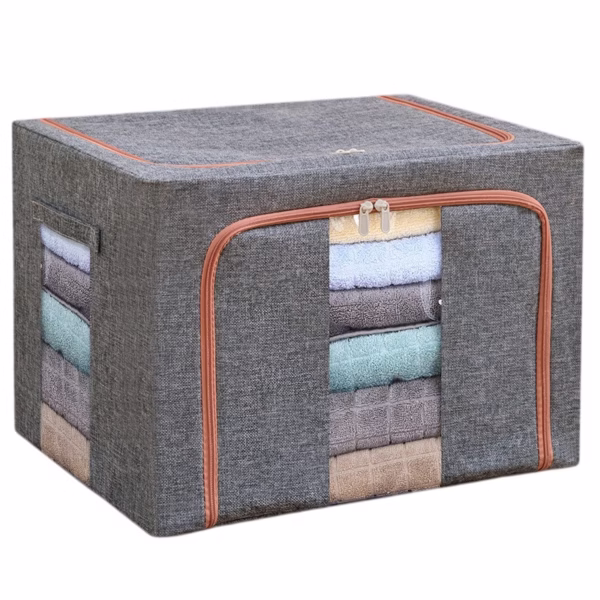 Cutie de depozitare pliabila, Flippy, Cu fermoar, 100 L, Textil, 60x42x40 cm, Cadru Metalic, Suport Baza Stabil din Plastic, Gri - imagine 1