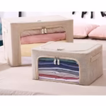 Cutie de depozitare pliabila, Flippy, Cu fermoar, 100 L, Textil, 60x42x40 cm, Cadru Metalic, Suport Baza Stabil din Plastic, Crem cu Doua Ferestre - imagine 2